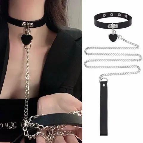 Gothic Harness Women Collar Chain Choker sexxy PU Leather Chain Pendant Collar Choker Necklace Cosplay Accessories For Couples