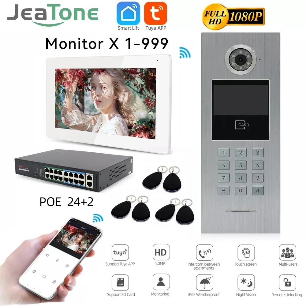 Jeatone-Interphone vidéo Tuya pour système d\'accès à distance à la maison, sonnette avec caméra, interphone vidéo, 1080P, Wi-Fi, 7 pouces