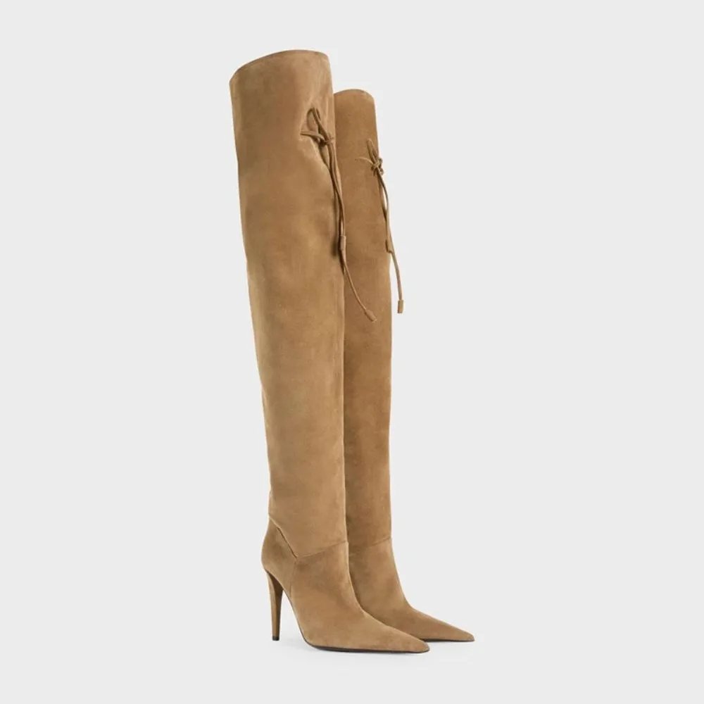 Autumn and Winter Women's Suede Knee High Boots with Pointed Thin Heels and Bow High Heels Suitable for Daily Dates