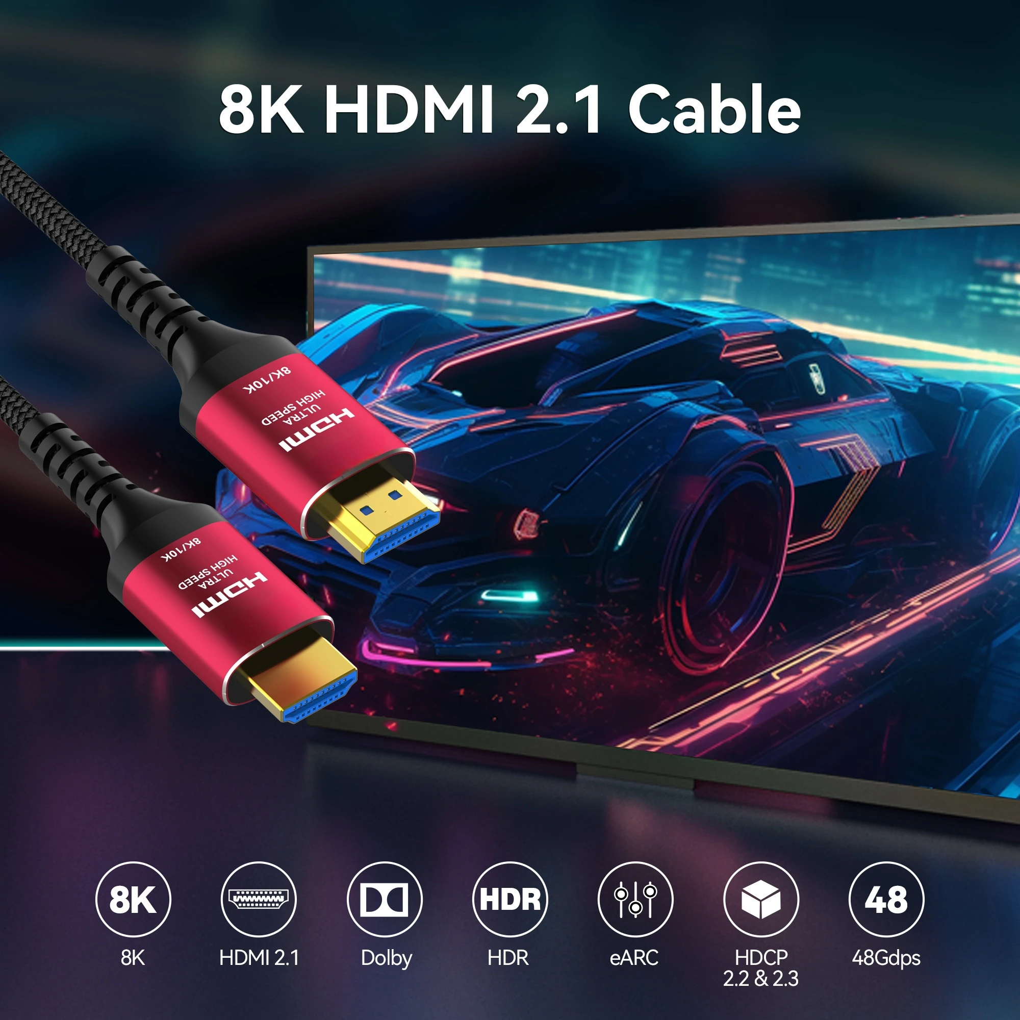 Long 8K HDMI 2.1 Cables, 48Gbps , High Speed Braided Cord-4K@120Hz 8K@60Hz, Compatible With Roku TV/PS5/PS4/HDTV/RTX 3080 3090