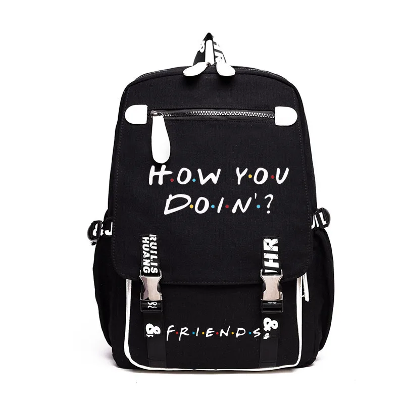 Friends How You Doing Backpack Bag Book Bag School Travel Laptop Bags Metal Button Front Zipper Canvas Mochila