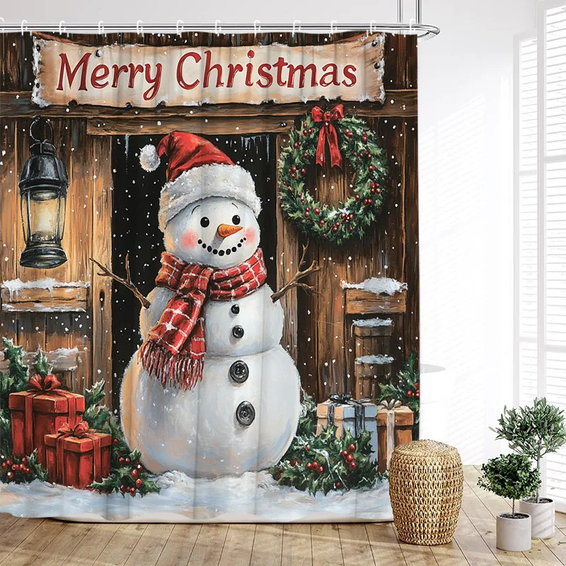 

Cute Snowman Christmas Shower Curtain Winter Snowflake Farmhouse Xmas Wreath Red Berry Gift New Year Bathroom Curtains Decor Set