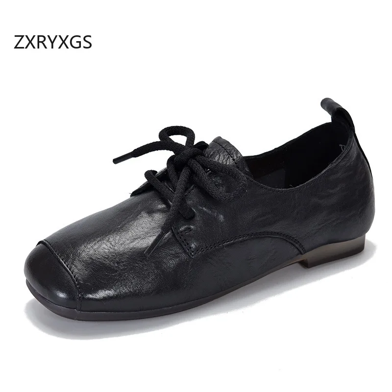 

ZXRYXGS First Layer Cowhide Square Toe Lace-up Women Flat Shoes 2026 British Style Lace-up Full Real Leather Shoes Trendy Flats
