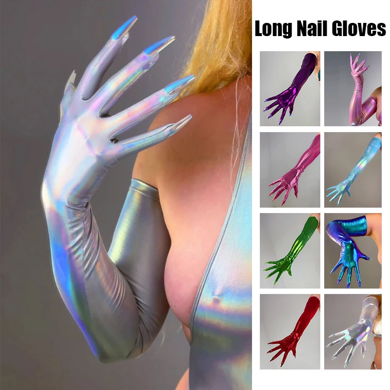 

Pink Gloves With Nail Liquid Shine Metallic Extra Thin 70cm Long Elastic Halloween Party Nail Glove Touchscreen Fashion Costume