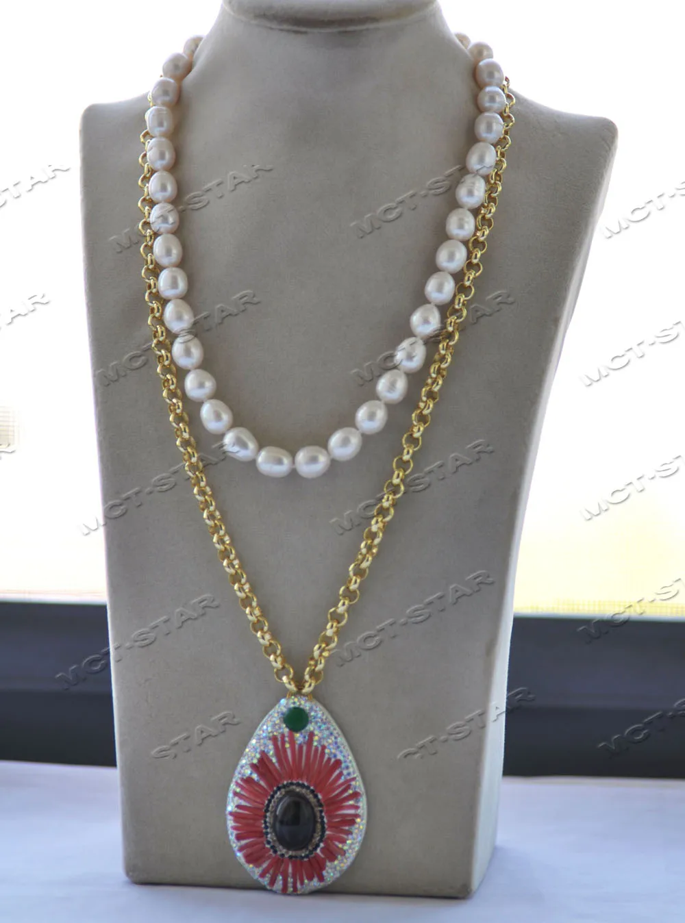 Z12315 2Row White Rice Pearl All CZ Red Coral Black Agate Eye Necklace Pendant