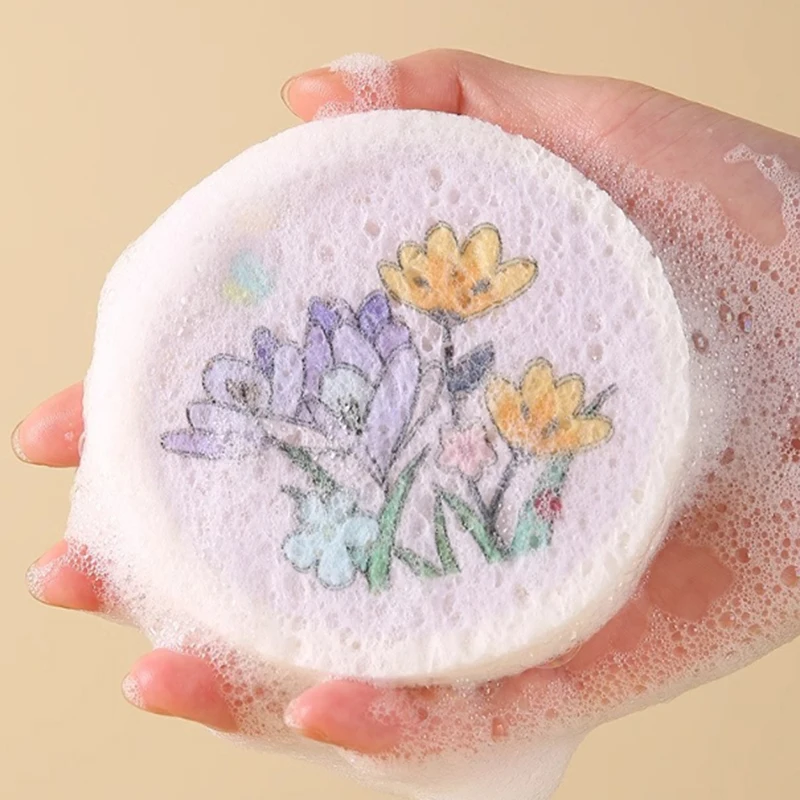 Compressed Wood Pulp Cotton Rag Kitchen Cleaning Dishwashing Spong Mop Round Flowers Print Sponge Thickness 1.85cm After Soaking