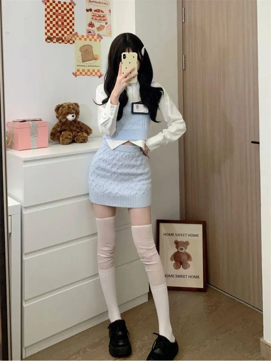 Japanese Fashion Suit Skirt Woman Sweet Crop Tops Slim Bodycon Mini Skirt Knitted Sweater 3 Piece Set Office Lady 2024 Autumn