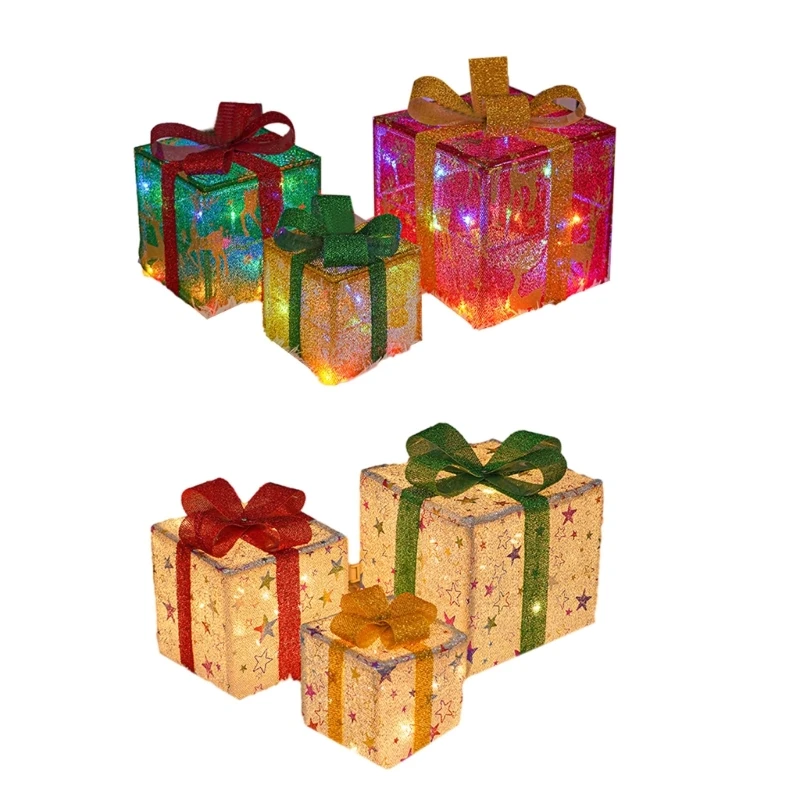 

3 Pcs LED Warm Lights Present Box Ornaments Christmas Lighted Gift Boxes Holiday Glowing Decoration for Indoors Outdoors