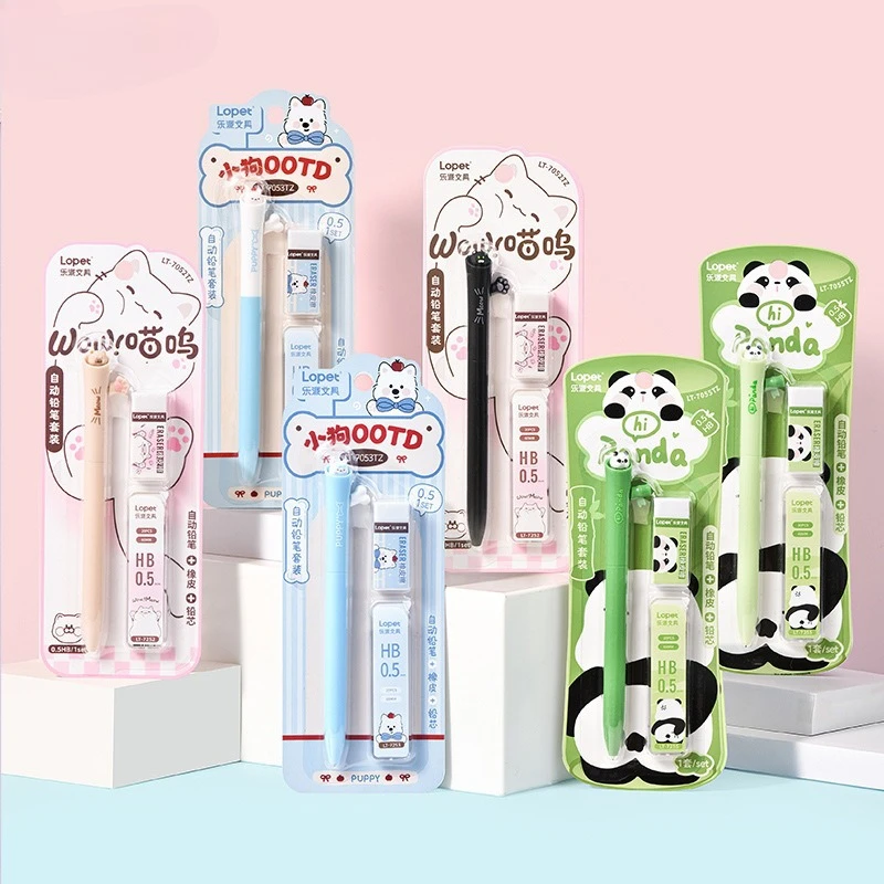 

Kawaii Cat Dog Pop-Up Automatic Pencil Kit Side Push Mechanical Pencil Eraser Lead Refills Student No-Sharpen Writing Tool
