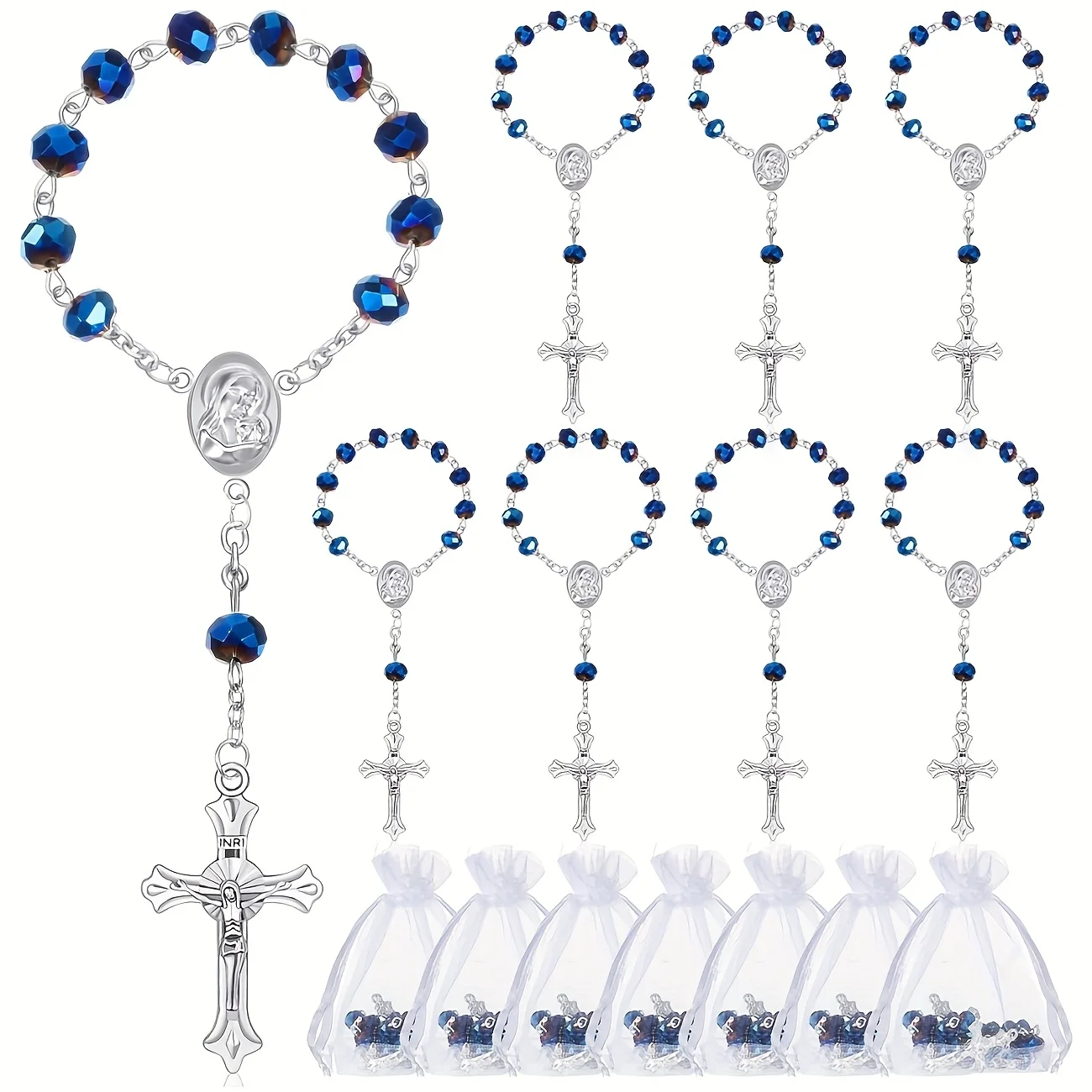 2/5/10 Sets katholische Mini-Taufrosenkränze in Blau mit Karten und Organzabeuteln, Hochzeitsgeschenke für Gäste zur Taufe und Erstkommunion – Detail 2