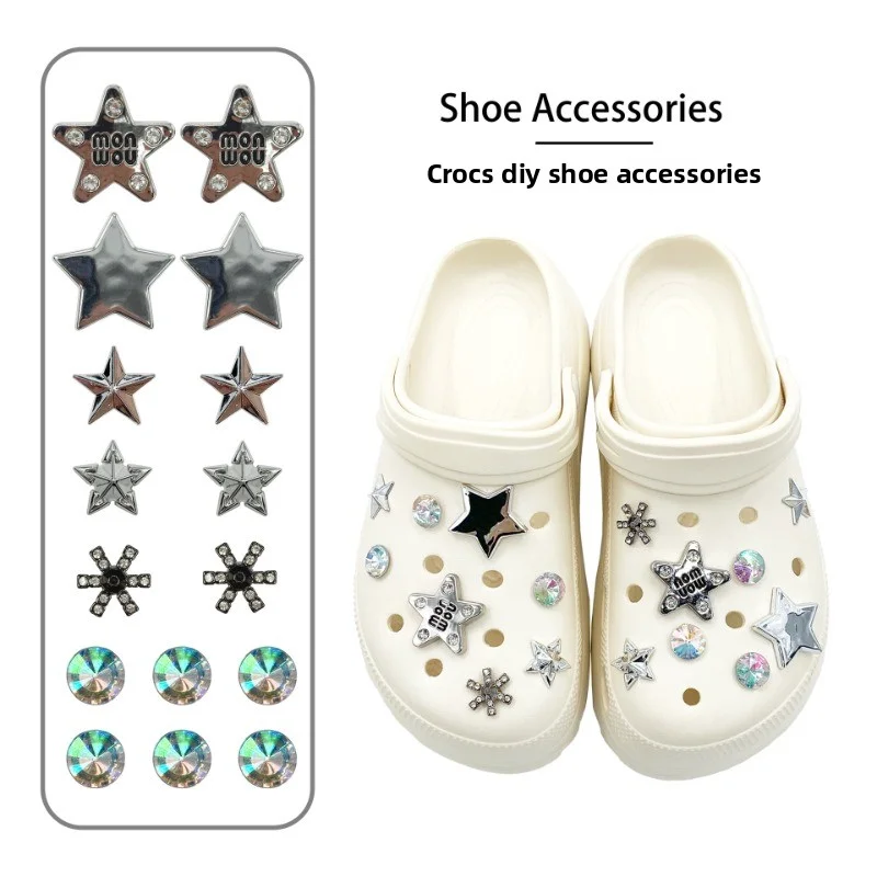 

16PCS Shoe Charms for Crocs Diamond Silver Star Decoration Buckle for Croc Charms Set Accessories Kids Party Woman Girls Gift