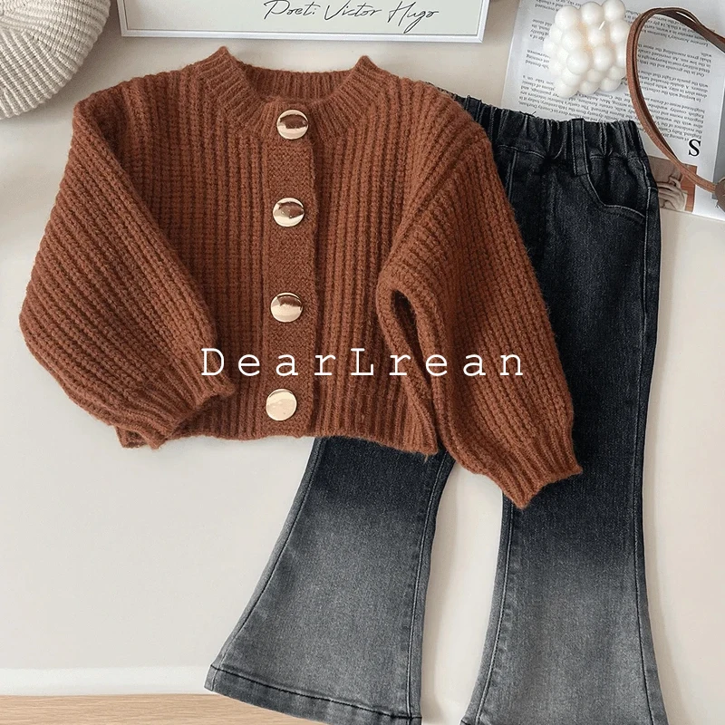 Girls Autumn Strip Thread Slim Fit Fashion Buttons Ins White Sweater Jacket Girls Light Color Wide Leg Jeans Set