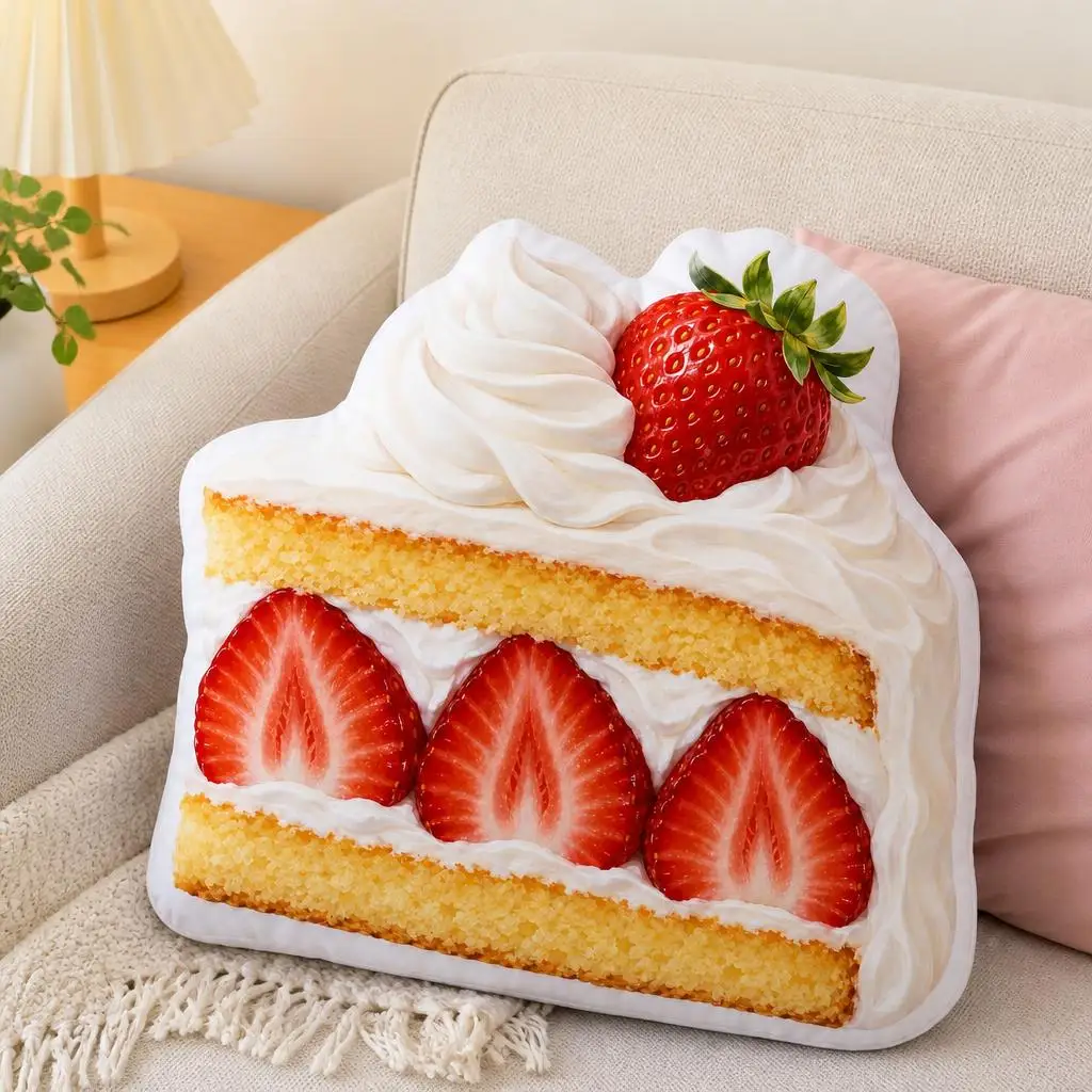 Strawberry Shortcake Slice Pillow Plush Bakery Dessert Floor Cushion Stuffed Cake Throw Pillow for Kitchen Sofa Home Decor