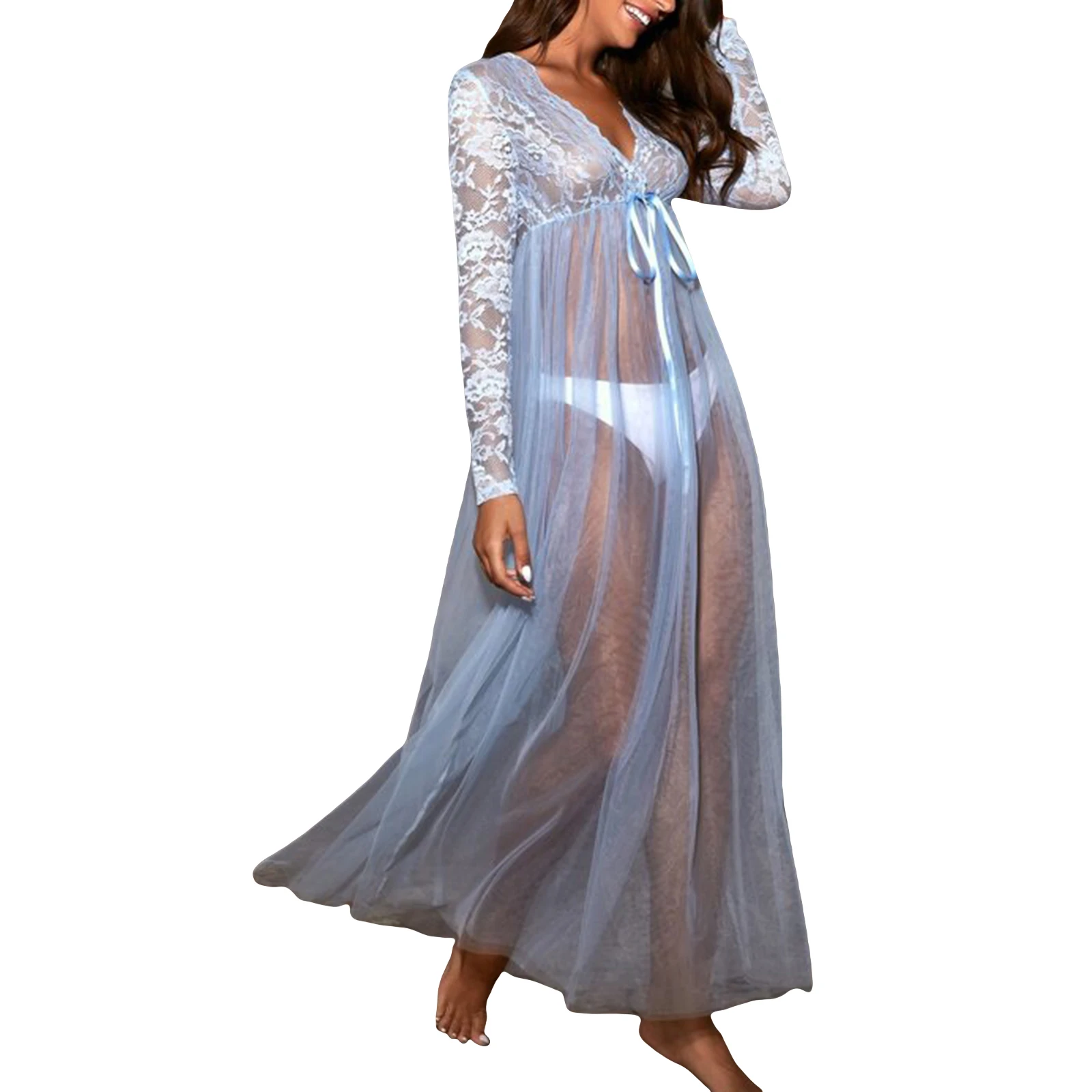 Women Sexy Lace Sheer V-Neck Lingerie Long Sleeve Long Dress Gown Morgenmantel Transparent Negligee Mesh Robe