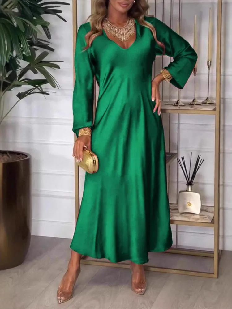 

Autumn Satin Full Sleeve Party Dress Women Casual V Neck Loose Solid Color Maxi Dress Spring Elegant Woman A-line Long Dress