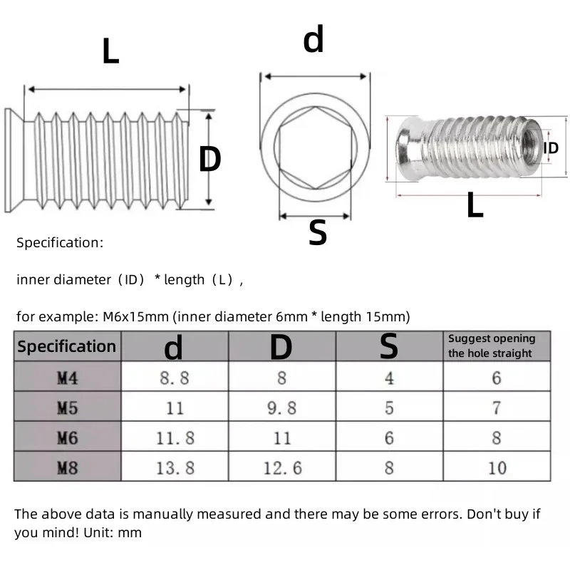 304 Stainless Steel Inside Outside Teeth Insert Nuts Hex Socket Embedded Furniture Nut M4 M5 M6 M8 Assorted Pack 5 10 20 30pcs