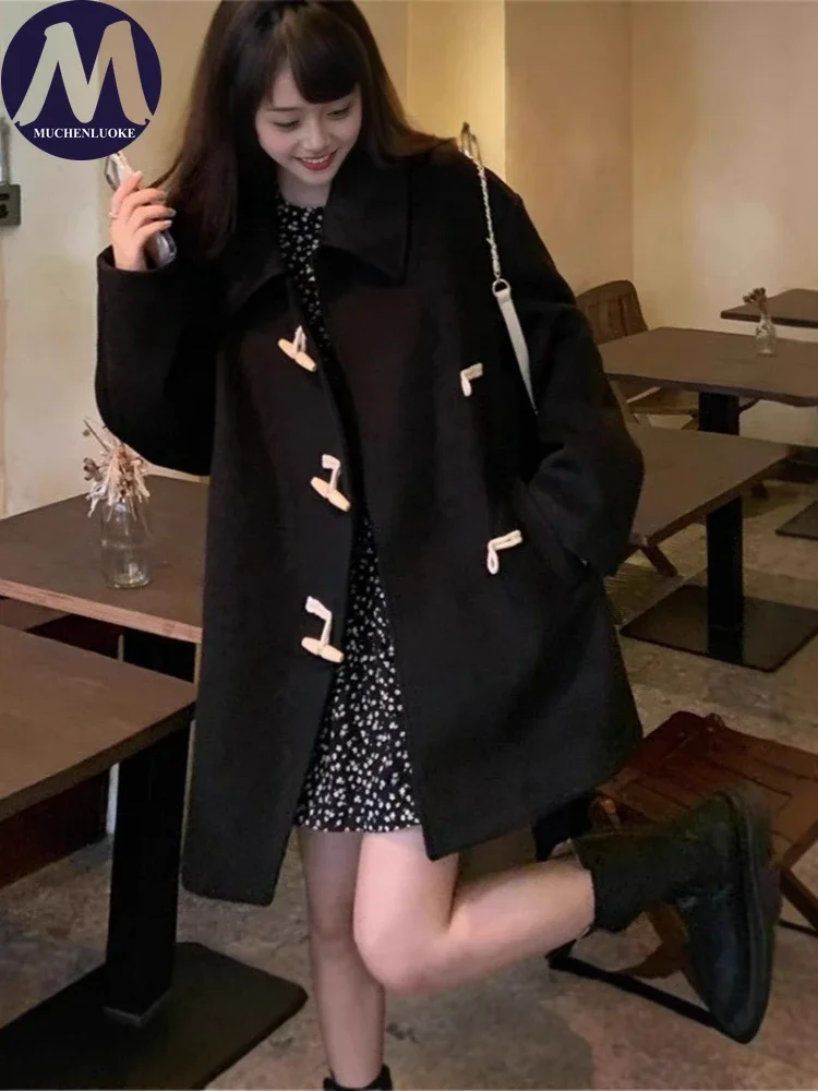 Women's Korean Fashion Trench Coat Autumn Winter Long Sleeve Horn Button Medium Length Woolen Loose Warm Casual Coat