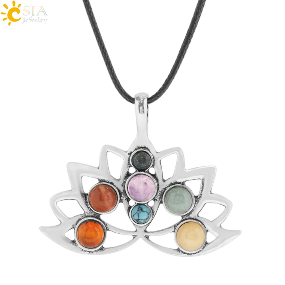 CSJA 7 Chakra Crystal Pendant Necklace Reiki Natural Stone Lotus Flower Pendants Charm Health Amulet Healing Jewelry Women G940