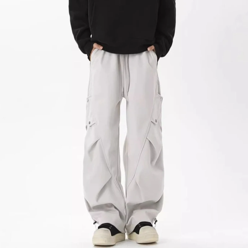 Mens US Retro Designer Pleated Parachute Cargo Pants Spring Fall Loose Vertical Drape Streetwear Sweat Trousers