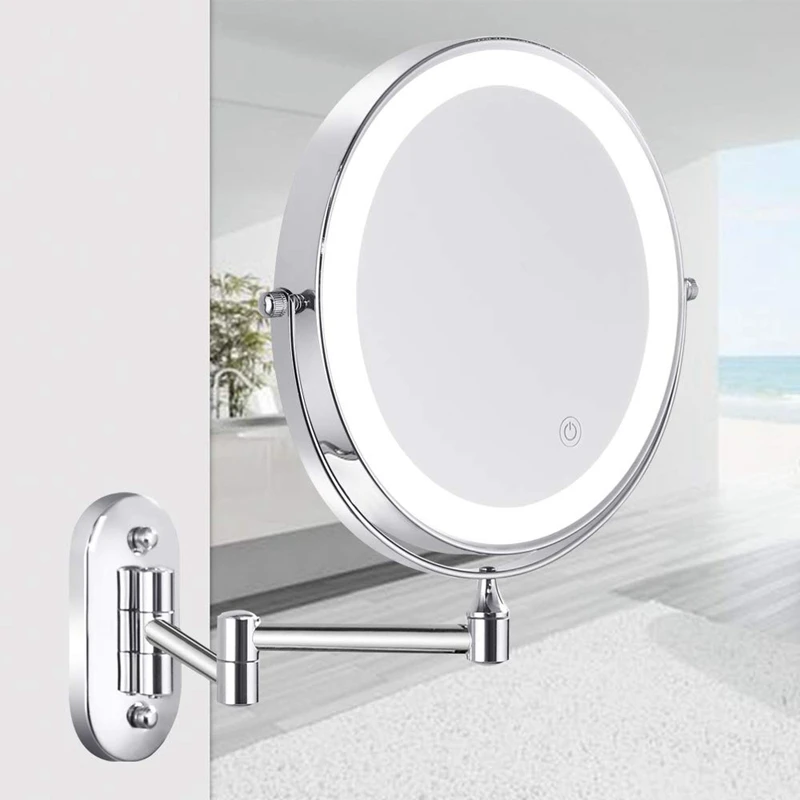 Wall Mounted Vanity Bathroom Bath Makeup Mirror With LED Swivel Folding Lighted 1X/5X Magnification Cosmetic Mirror