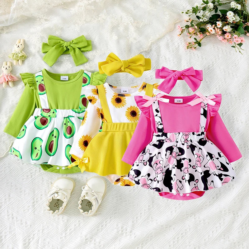 EWODOS Baby Girls Spring Romper Dress Long Sleeve Flower/Avocado/Cow Print Romper with Headband