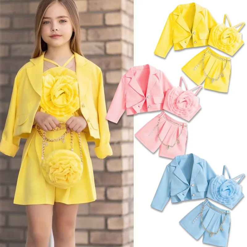 

Europe United States autumn winter children's halter mesh flower vest long sleeve jacket short waistband chain girls' suit