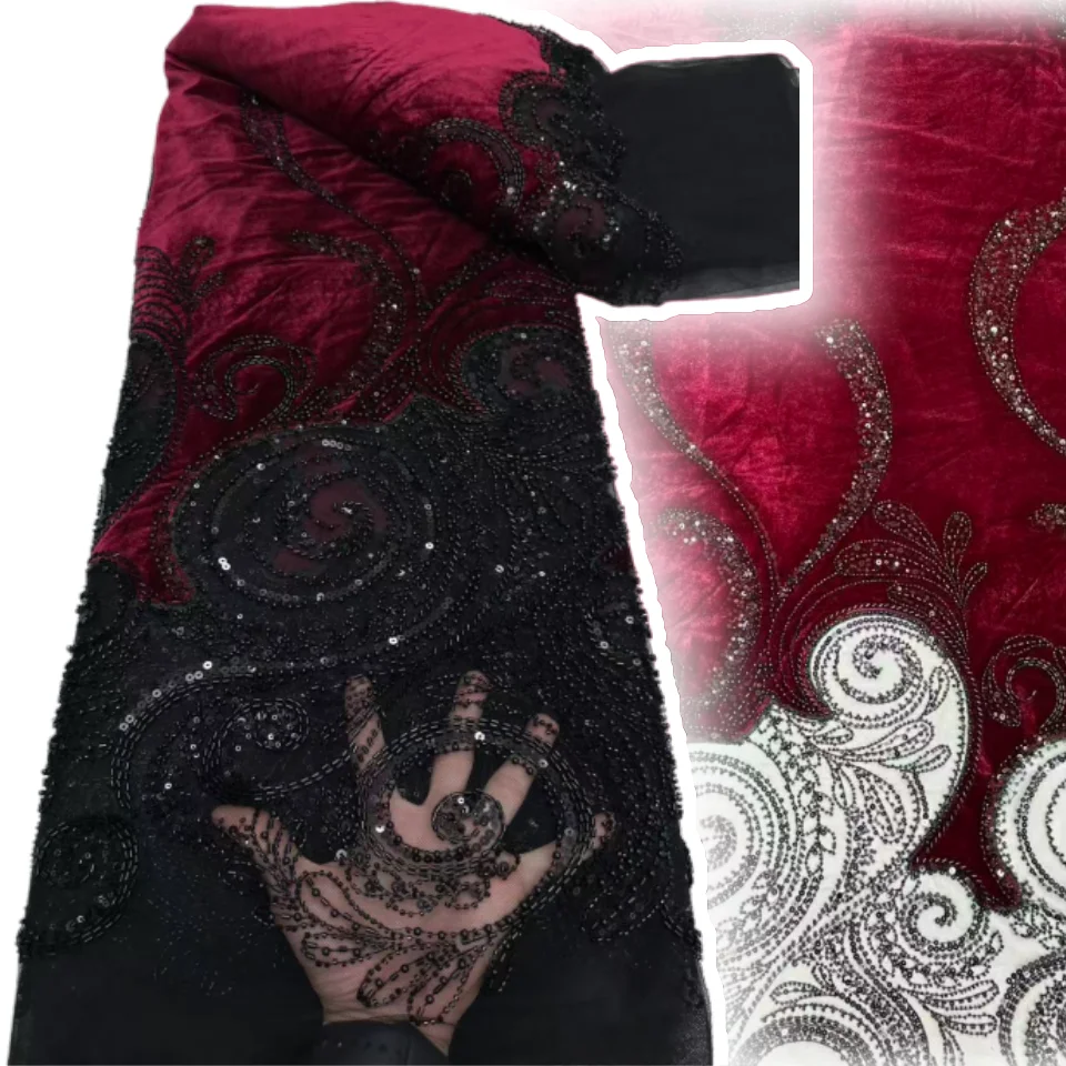 

Бархатная кружевная ткань George с тяжелым бисером, роскошная бархатная африканская кружевная ткань высокого качества для изготовления женского свадебного платья TP1599