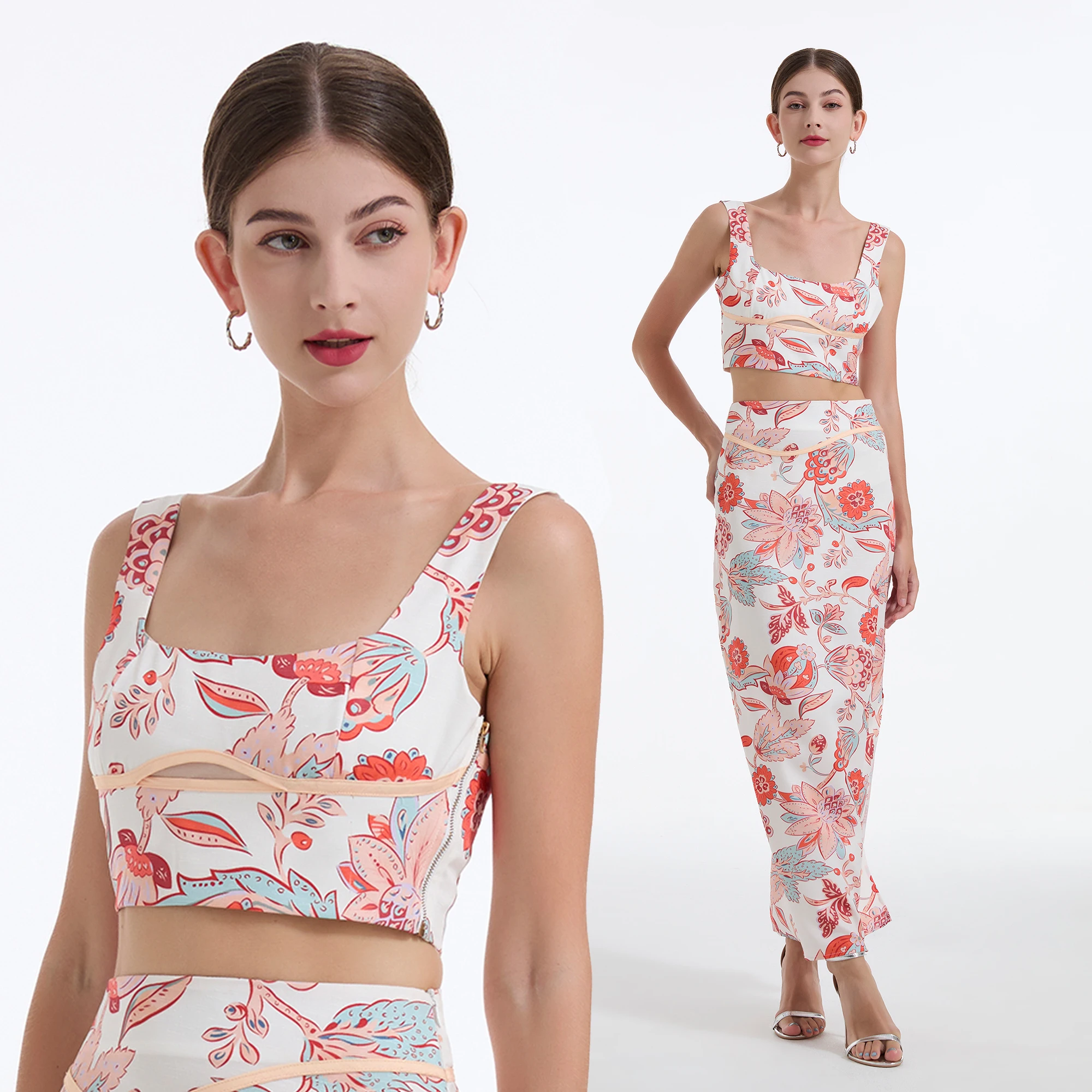 Summer Flower Print Hollow Out Vacation Skirt Suit Women Sleeveless Tank Backless Zip Short Top + Side Split Pencil Midi Skirts