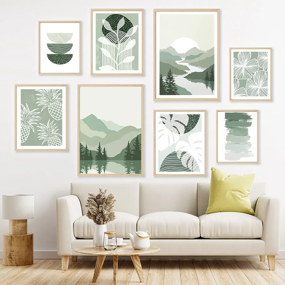 1pcs(No frame)Green Mountain River Sun Rainbow Line Leaf Posters And Prints Geometry Wall Art Canvas Painting Pictures For Li