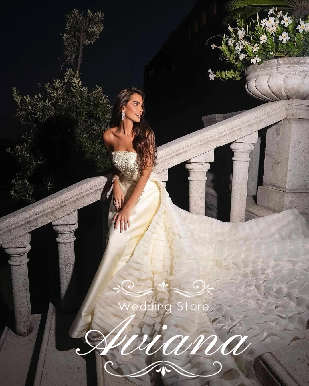 Aviana Customized Strapless Beaded Wedding Dress Sparkling Embellishments Ruffled Skirt Elegant Bridal Gown Long Train Stylish B