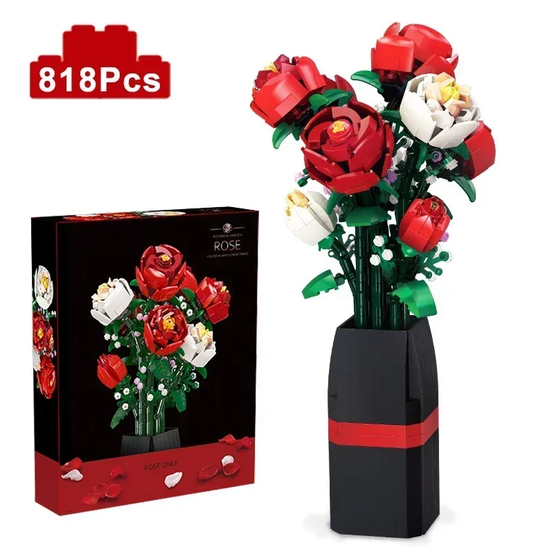 818PCS Flower Bouquet Building Block Red Rose White Rose Vase Bricks Toy Set Valentine's Day Christmas Gifts Creative Decoration