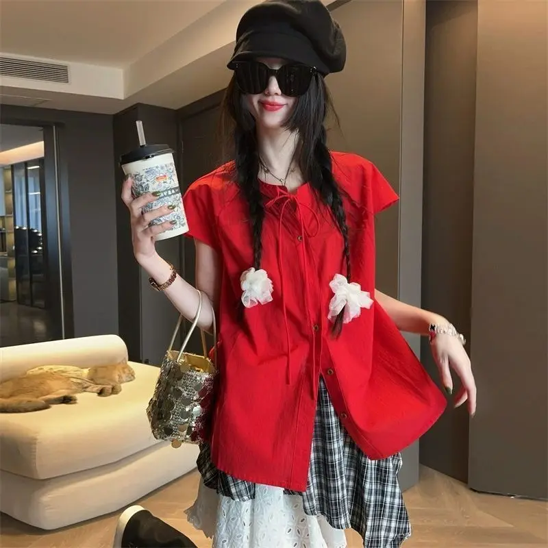 

Sweet Simplicity Loose Cute Blouse New Summer Short Sleeve Youth Solid All-match Fashion Shirt Tops Korean Casual Women Clothing