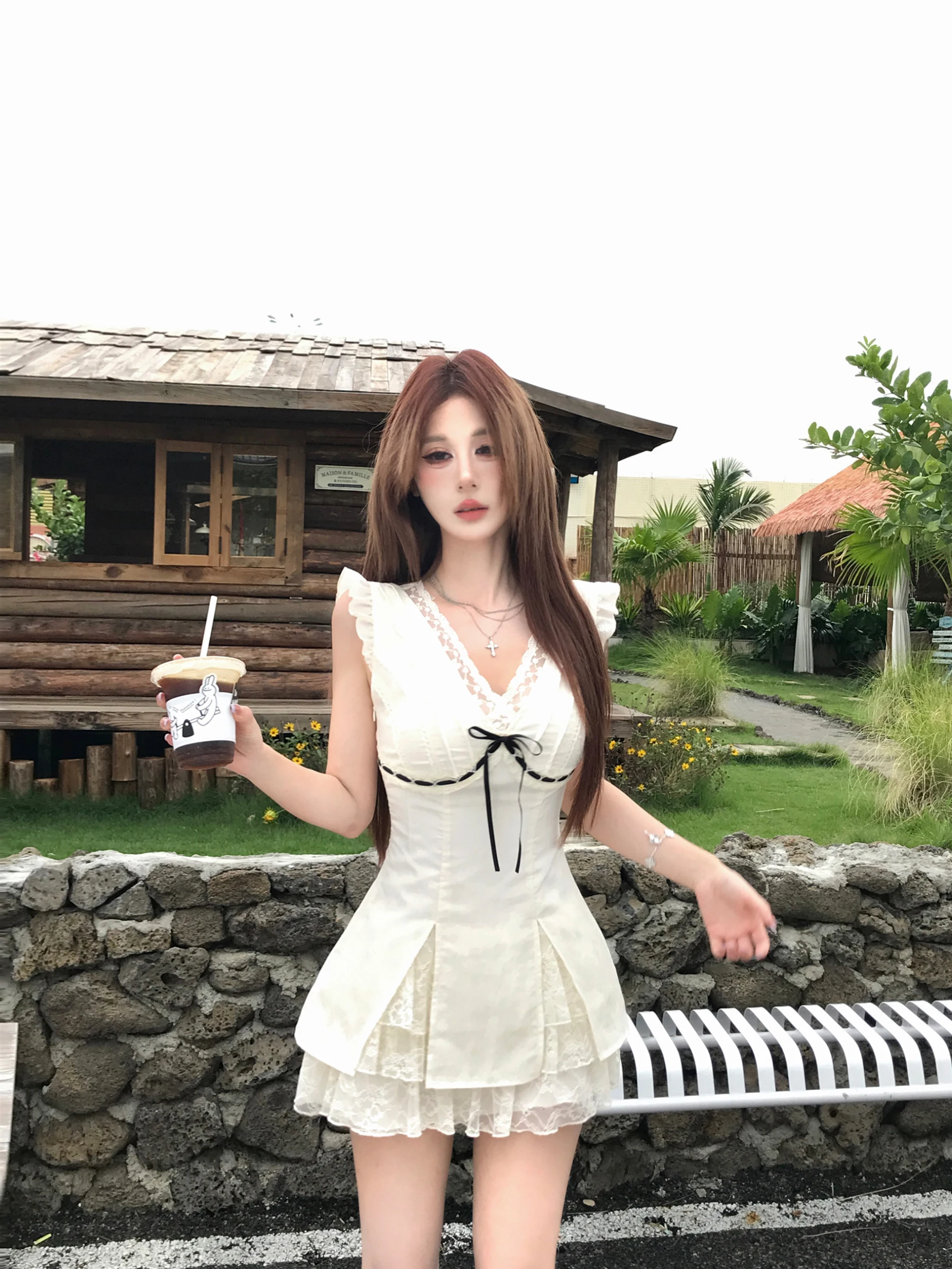 

Mejiu Honey Nine Clouds Walk Sweet And Spicy Lace Dr Women's Summer Waist Cinching Skirt Double Layer High Waist Nylon Dr