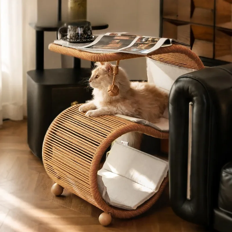 Designer Rattan 2 Layers Cat Bed Mid Century Tea Side Table with Cat Nest MultiFunctional Pet Climbing Frame Vintage Decor Shelf