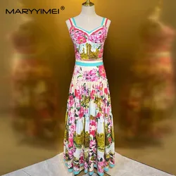 MARYYIMEI Summer Women's Suit Spaghetti Strap Backless Slim Tops+Pleated Skirt Print Casual Basic Vacation Cotton 2 piece set