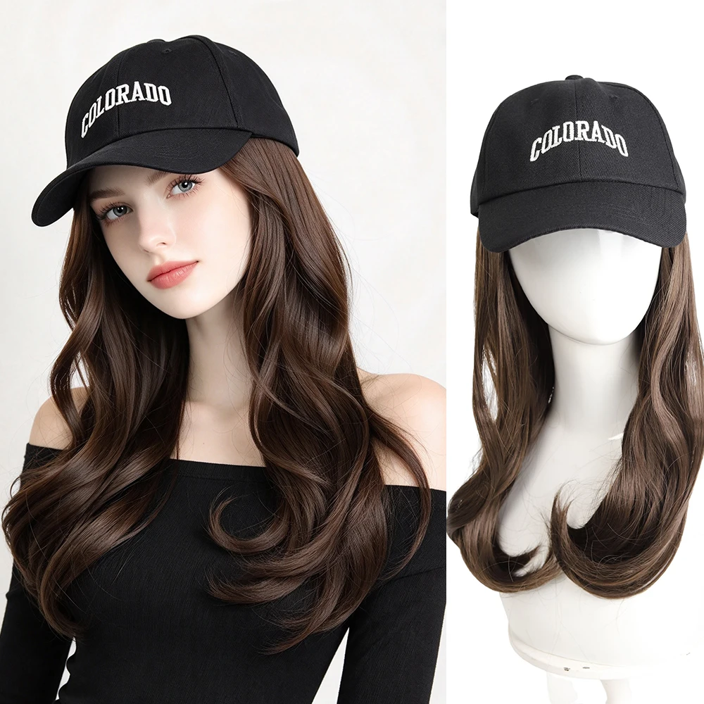 20Inch Long Wavy Wig Synthetic Wig Baseball Cap Extensions Hat Wigs Cold Brown Adjustable Hairpiece for Women Daily Wear