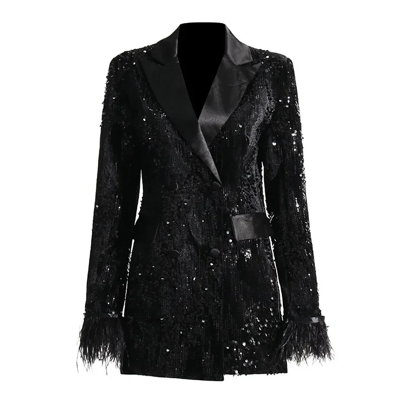 

SuperAen New Fashion Style Sequin Casual Turn Down Collar Long Fur Sleeve Black Jacket Women