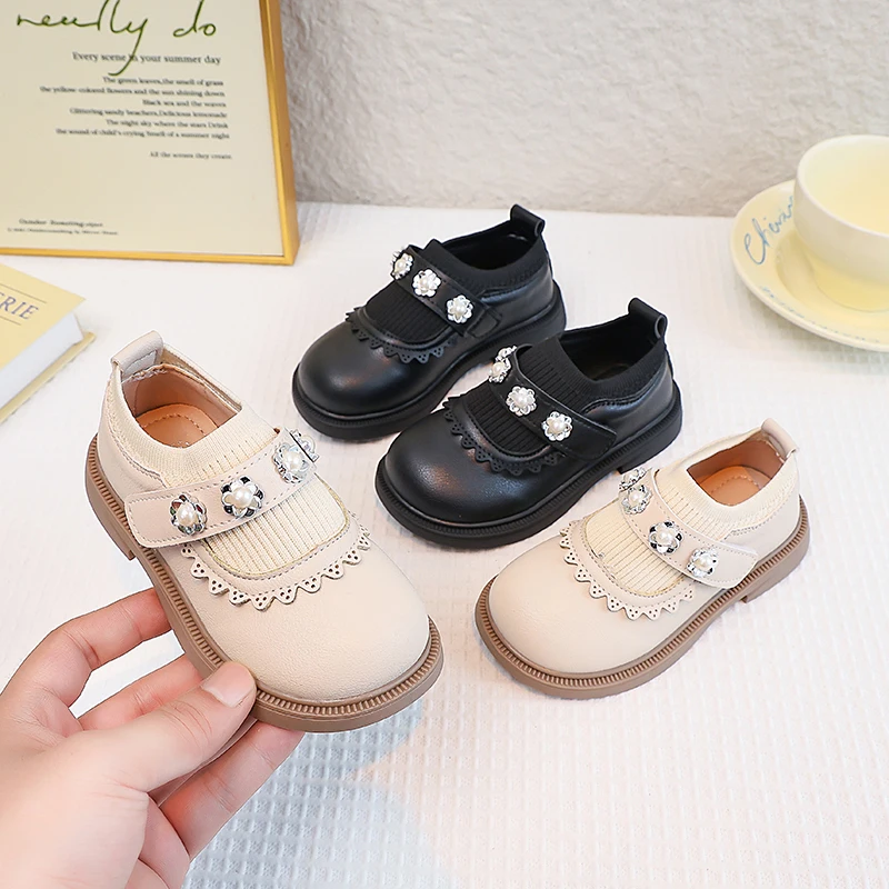Little Girls School Party Leather Shoes with Shiny Beaded 2025 New All Seasons Kids Mary Jane Flats Soft Sole Elegant Dress Up