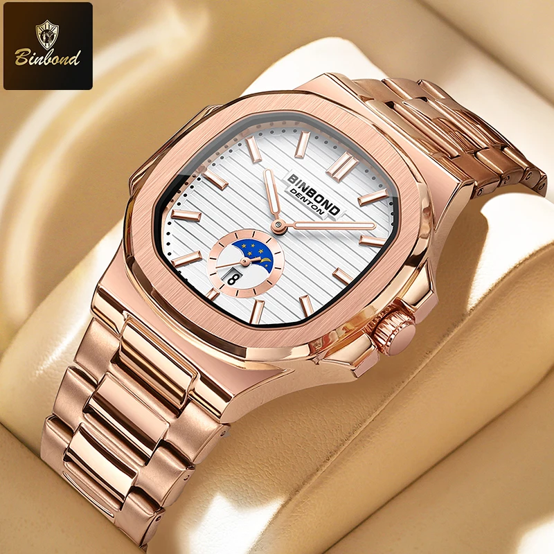 BINBONG 1pc Top Luxury Brand  Men's Business Watches Retro Versatile Stainless Steel Strap 3Bar Waterproof Luminous Quartz Watch