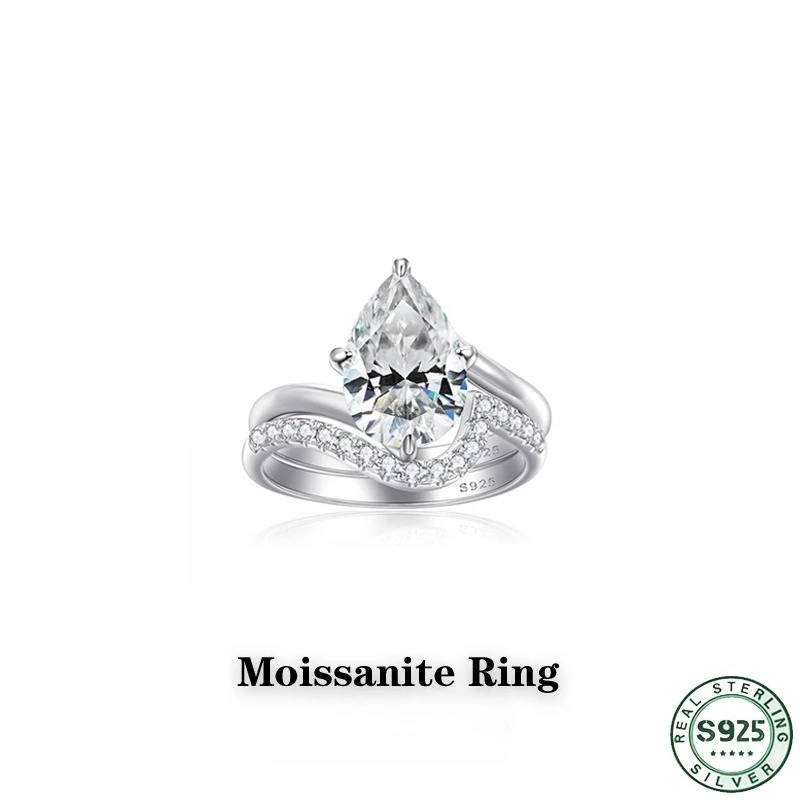 Hot selling simple pear shaped 4-carat moissanite 100% S925 silver ring, niche light luxury moissanite set, wedding jewelry