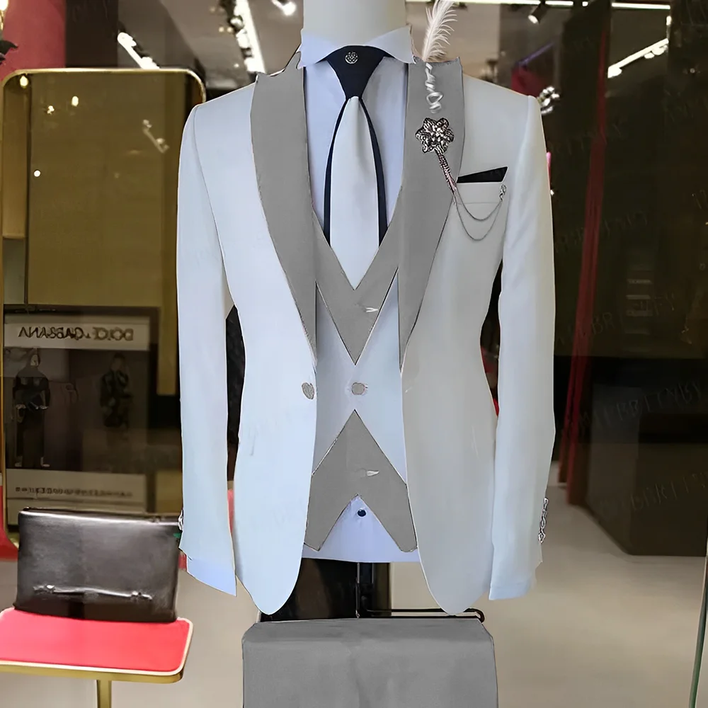 Suit for Mens 2024 Elegant Groom Wedding Tuxedo 3 Piece White Jacket with Red Pants Formal Customized Suit