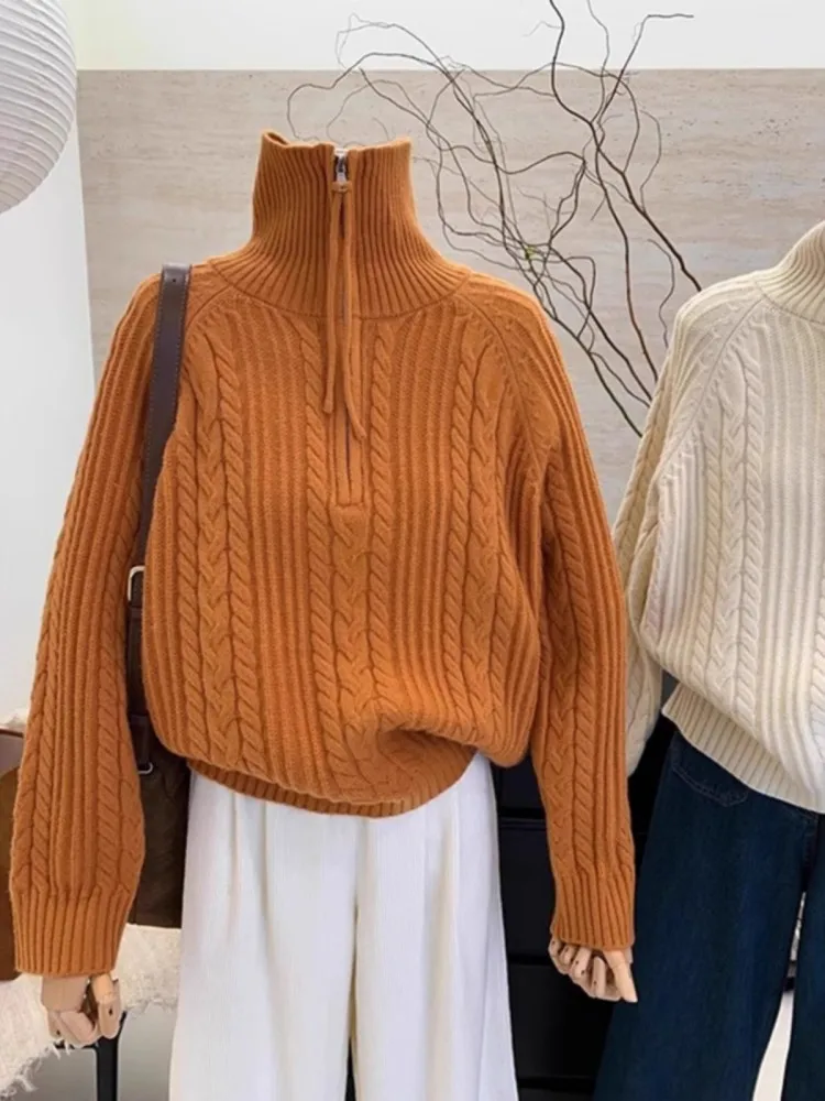 Half Zip High Neck Sweater For Women In Autumn And Winter, With Pumpkin Orange Collar And Thick Loose Top