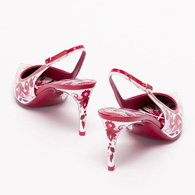 2024 Red Porcelain Thin High Heel Sandals Pointed Toe Slingback Stiletto Heel Sandals Printing Ladies Shoe