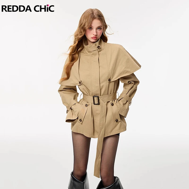 ReddaChic Classic Trench Coat with Removable Cape Women Business Belted Zip-up Turtleneck Cloak Coat Elegant Autumn Outerwear