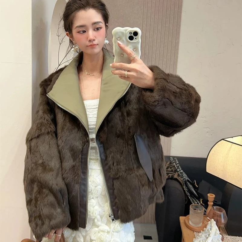 

New Rabbit Fur Coat Women Wear Both Sides Overwear Autumn Winter Parkas 2025 Young Loose Style Jacket That Overcomes Fur Outcoat