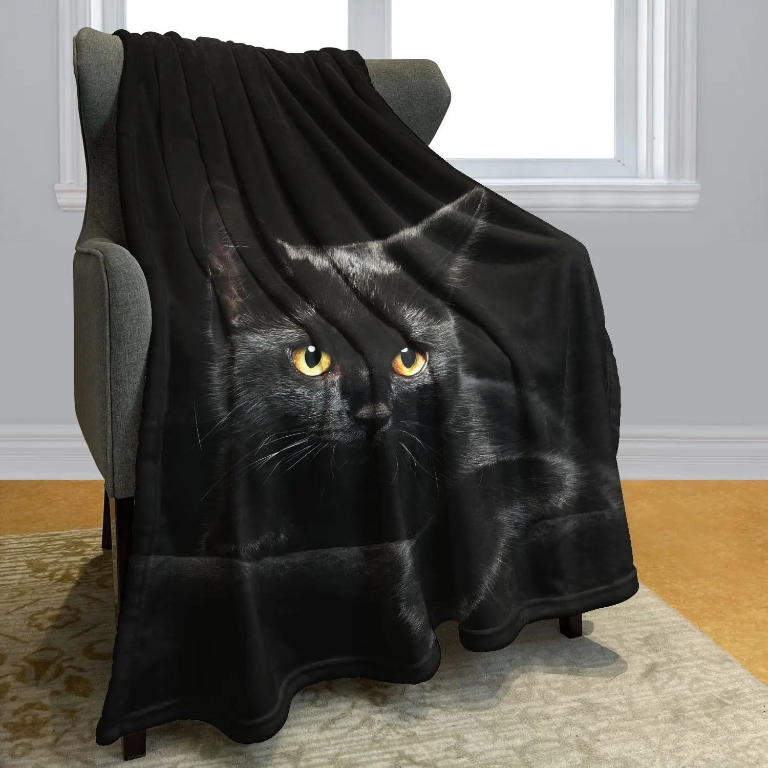Soft and fluffy flannel blanket, black cat blanket, bed, bedroom, indoor office, picnic blanket
