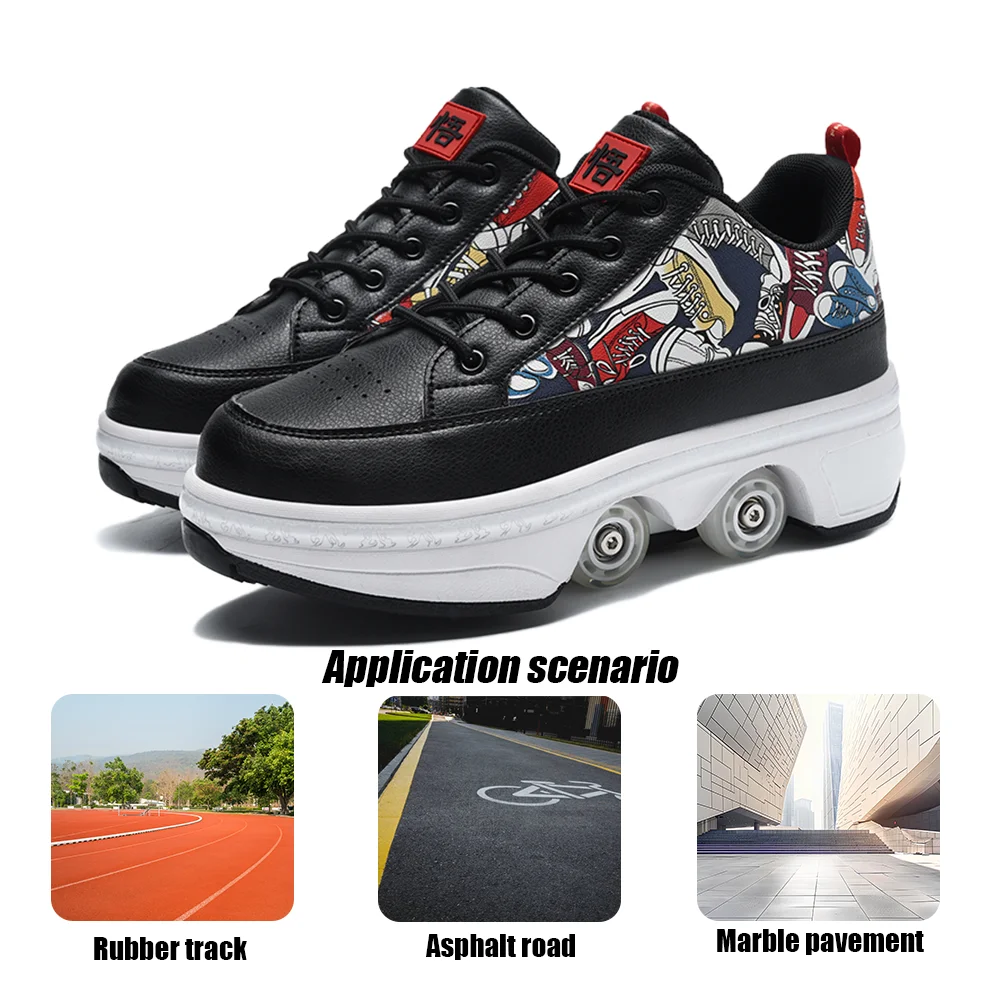 4 Wheel Telescopic Deformation Shoes With Brakes, Swivel Buckle Roller Skates, Breathable Mesh Sneakers Skates For Men And Women