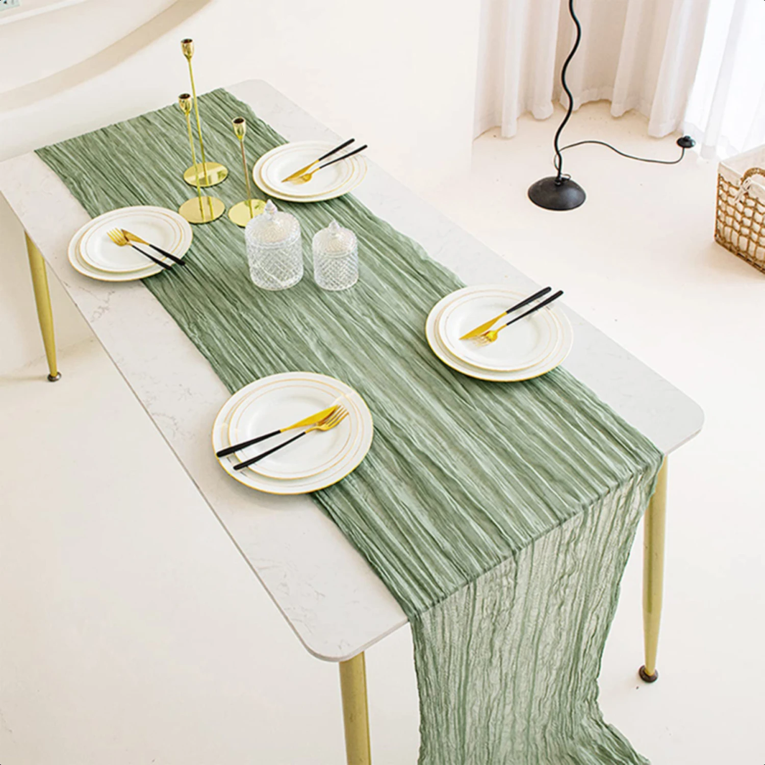 Elevate Your Special Day with Luxurious High-Quality Sage Green Elegant Fabric Table Runner - Make a Sophisticated Statement and