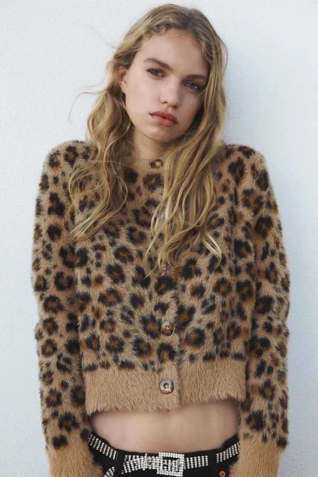 

Европейский и американский женский вязаный свитер, кардиган, куртка с леопардовым принтом, короткий стиль, ретро, новый стиль