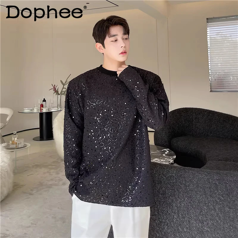 

Male Solid Color Long Sleeve T-Shirts Men 2025 Autumn Trendy Versatile Loose Comfortable Sequin Tops Men's Sparkling Clothing